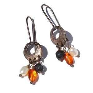 Vintage Sterling Silver Dangle Earrings with Genuine Pearl, Amber and Hematite